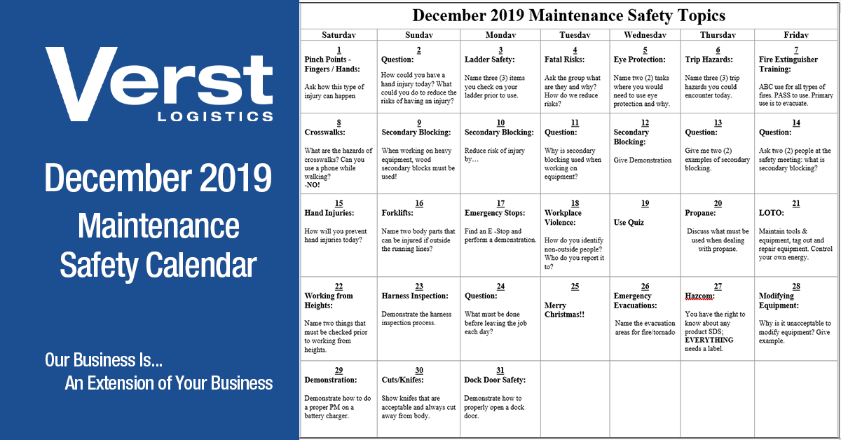 December 2019 Maintenance Safety Calendar